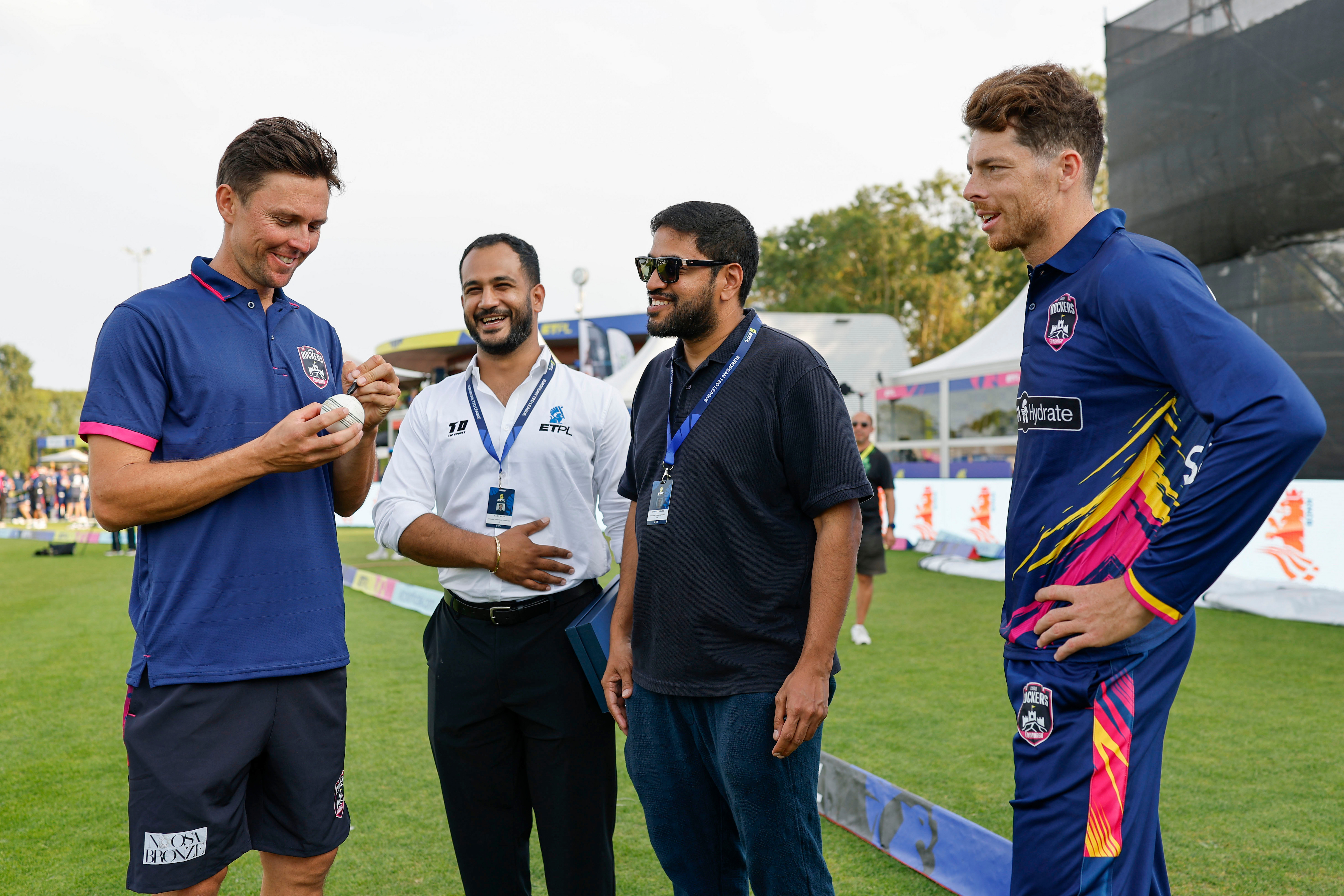 Trent Boult signs the match ball after his five-wicket haul helped Edinburgh Castle Rockers to victory in Match 3.