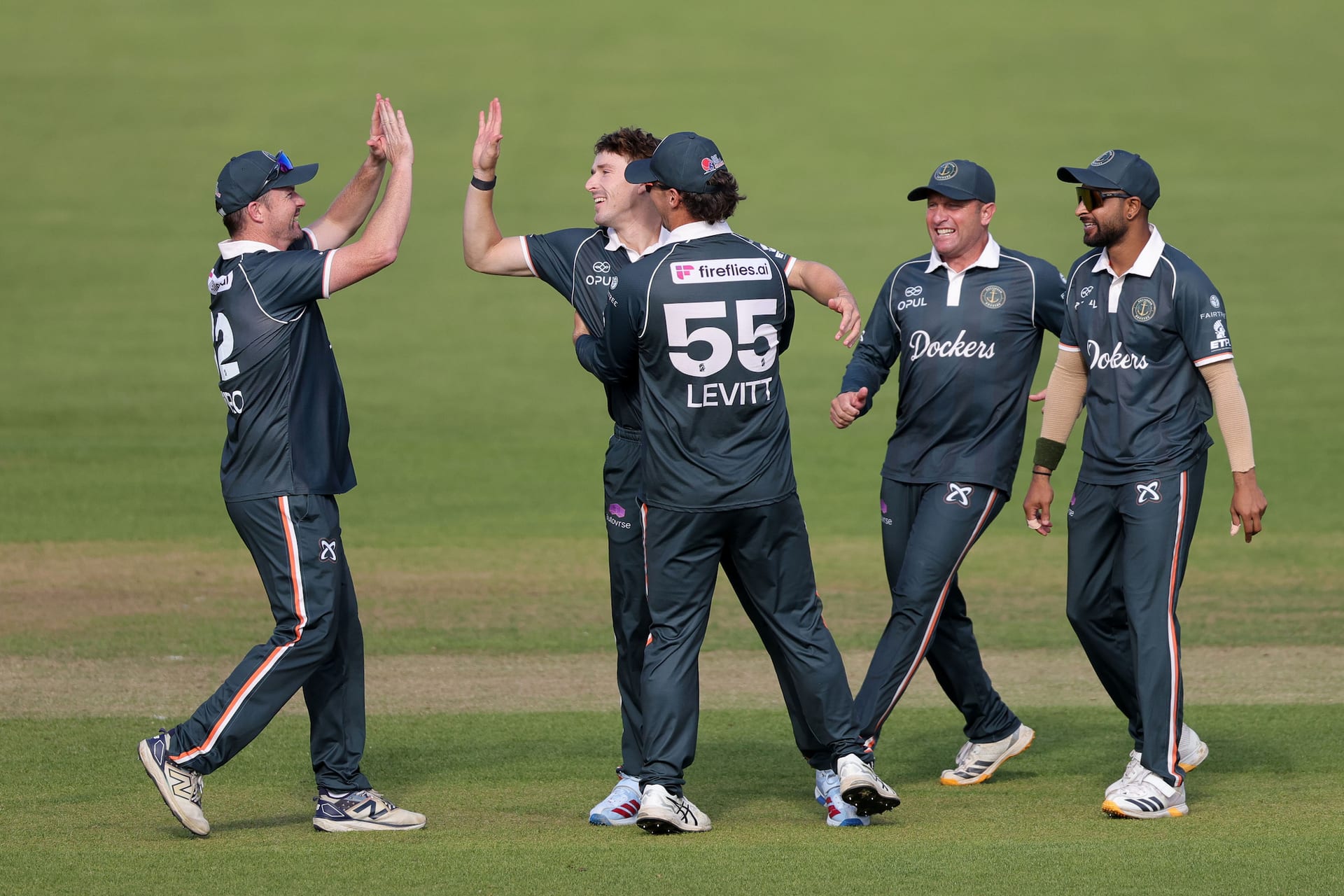 Jasper Davidson celebrating the wicket of Andries Gous